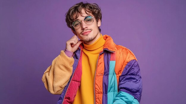 Photo portrait of pretty young male hold empty space wear trendy colorful outfit isolated on violet color background