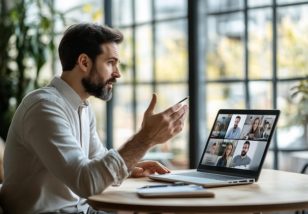 Photo photo portrait of a professional businessman leading a virtual meeting from an office