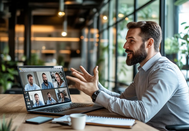 Photo photo portrait of a professional businessman leading a virtual meeting from an office