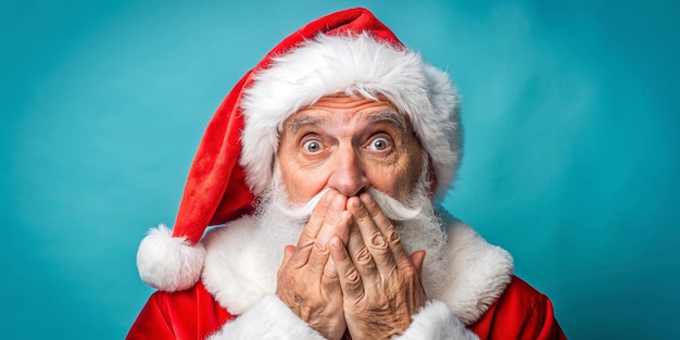 Photo photo portrait of retired old man cover mouth share secret wear trendy santa claus costume coat isolated on blue color background