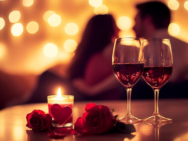 Photo Portrait of a Romantic Couple in Love at Evening with Wine and Candles