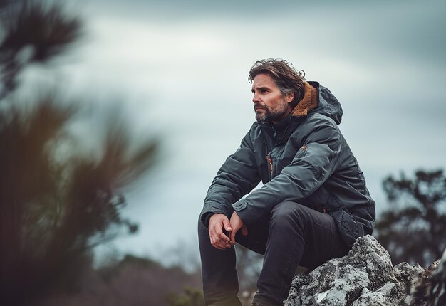 Photo photo portrait of sad and contemplative alone man thinking as lonely on a rock