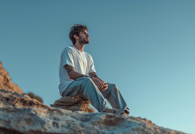 Photo photo portrait of sad and contemplative alone man thinking as lonely on a rock