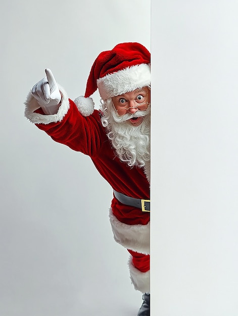 Photo portrait of Santa Claus playfully pointing from behind a blank white panel