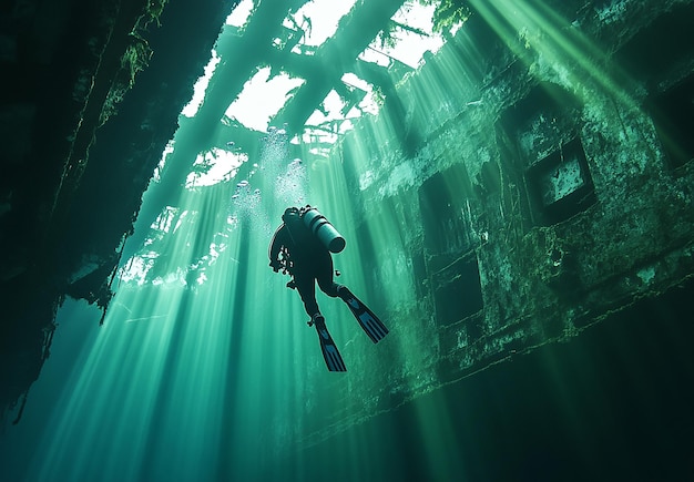 Photo portrait of scuba diver explore in undersea rays of sunlight filtering