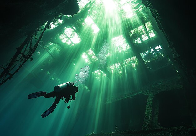 Photo portrait of scuba diver swimming in the deep ocean