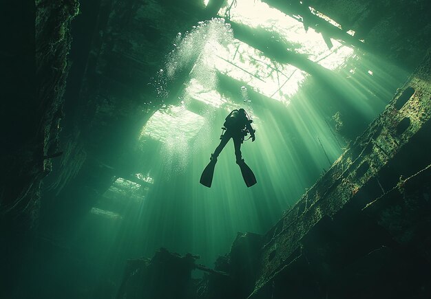 Photo portrait of scuba diver swimming in the deep ocean