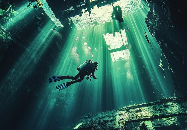 Photo portrait of scuba diver swimming in the deep ocean