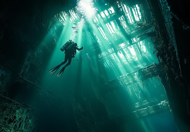 Photo portrait of scuba diver swimming in the deep ocean