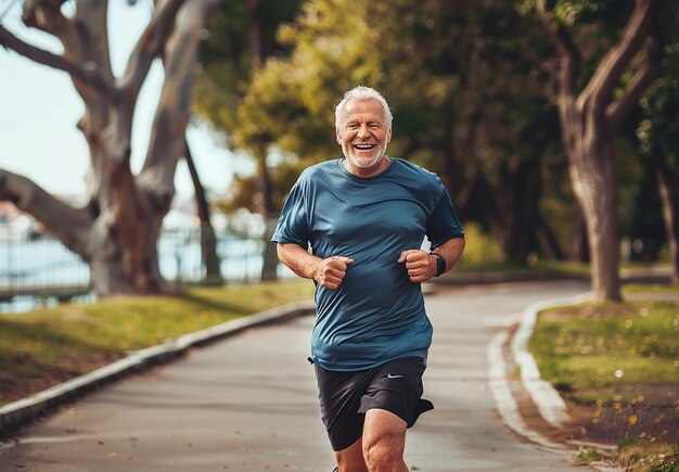 Photo portrait of senior adult man doing morning physical exercise