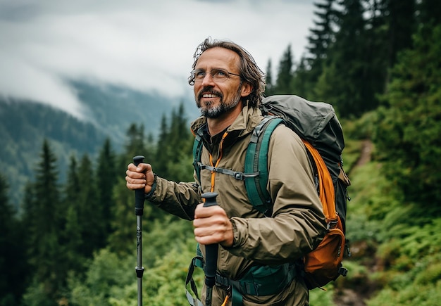 Photo photo portrait of a smiling hiker trekking through a lush forest trail