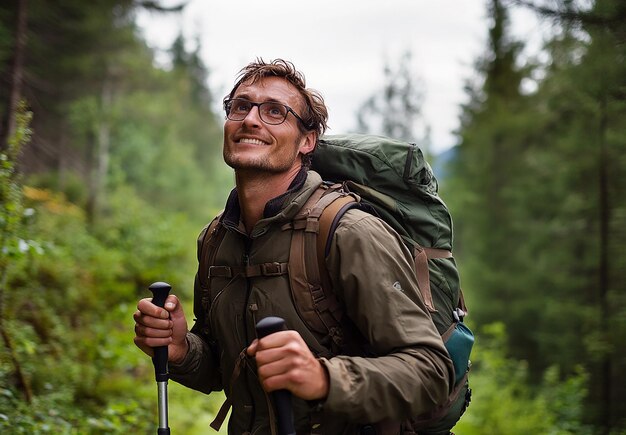 Photo photo portrait of a smiling hiker trekking through a lush forest trail