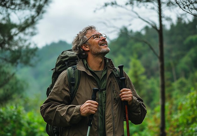 Photo photo portrait of a smiling hiker trekking through a lush forest trail