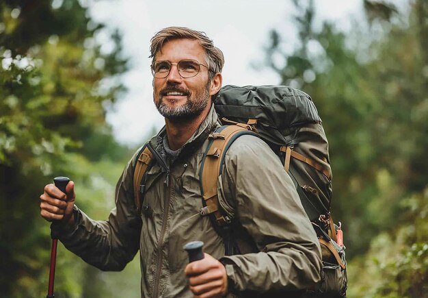 Photo photo portrait of a smiling hiker trekking through a lush forest trail