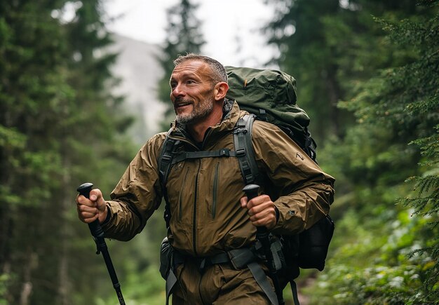 Photo photo portrait of a smiling hiker trekking through a lush forest trail