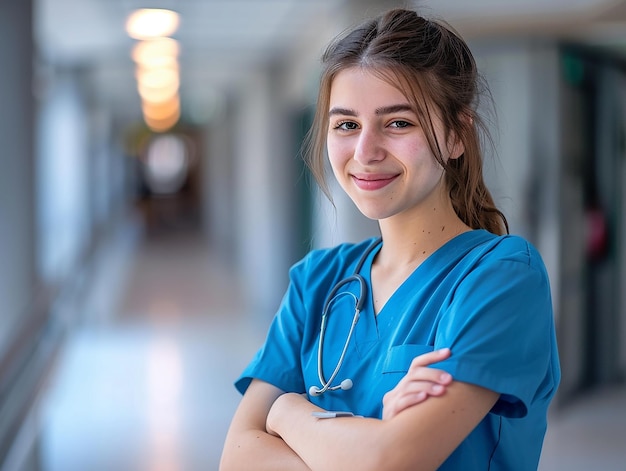 Photo photo portrait of a smiling woman nurse doctor standing confidently with arms crossed in a hospital