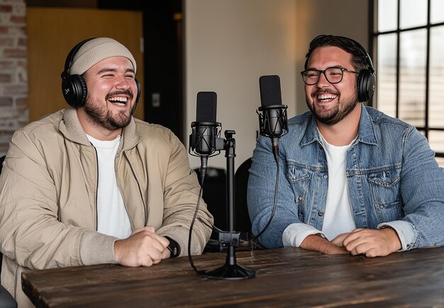 Photo photo portrait of two friends recording a podcast programme make cover song