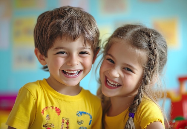 Photo photo portrait of two happy little children kids laughing together wearing matching yellow shirts