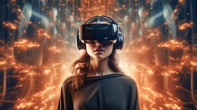 Photo portrait of a woman immersed in a vr world