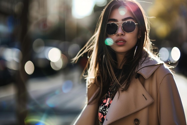 Photo photo portrait of a woman wearing sunglasses and a jacket standing on a street