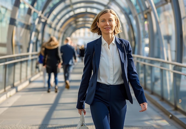 Photo photo portrait of a young confident businesswoman walking through a modern hallway