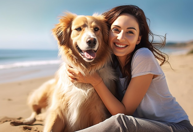 Photo Portrait of young girl woman female with her cute dog at the park