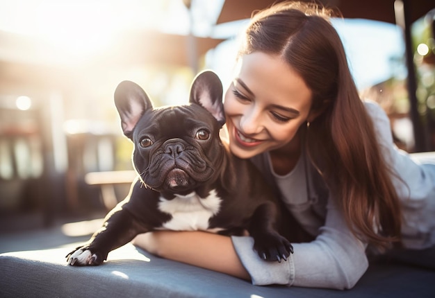 Photo Portrait of young girl woman female with her cute dog at the park