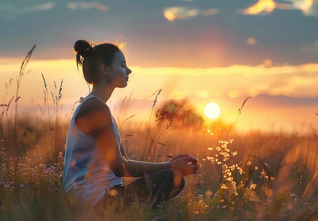 Photo portrait of a young girl woman sits in a field and doing meditation yoga