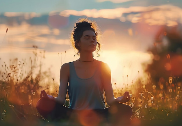 Photo portrait of a young girl woman sits in a field and doing meditation yoga