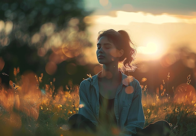 Photo portrait of a young girl woman sits in a field and doing meditation yoga