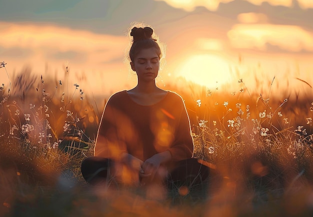 Photo portrait of a young girl woman sits in a field and doing meditation yoga