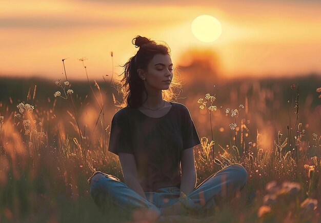 Photo portrait of a young girl woman sits in a field and doing meditation yoga