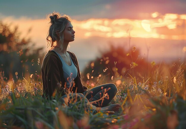 Photo portrait of a young girl woman sits in a field and doing meditation yoga