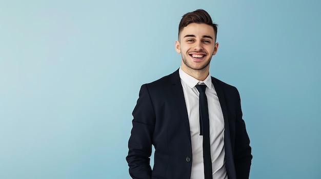 Photo portrait of young happy business man with office suit on blue background