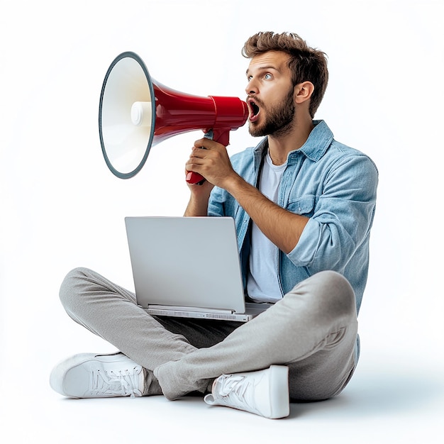 Photo photo portrait of a young man sitting crosslegged with a laptop speaking into a megaphone