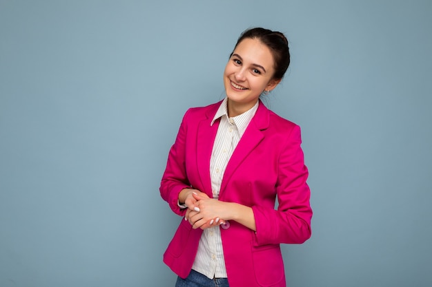 Photo portrait of young nice winsome beautiful positive smiling brunette woman with sincere emotions