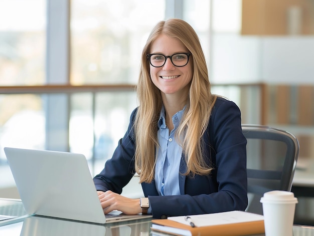 Photo portrait of young office woman working with smile