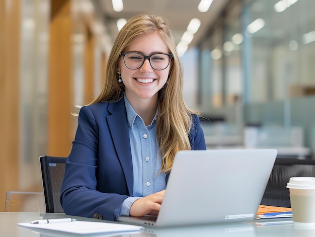 Photo portrait of young office woman working with smile