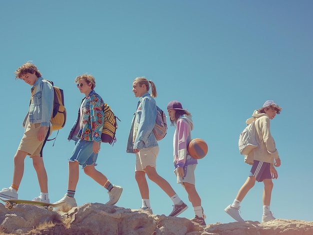 Photo portrait of young school teenagers joyful outdoor moments activities