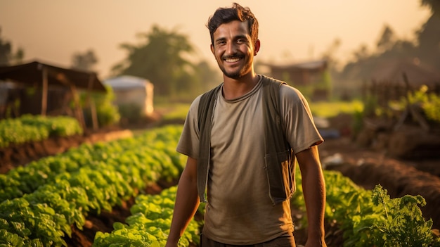 Photo portrait young Smile and happy handsome farmer in a rice field generated by AI