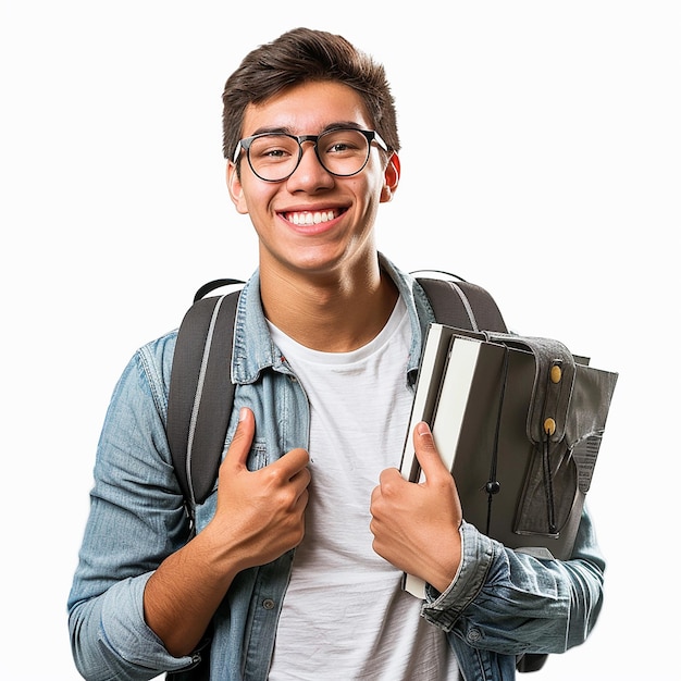 Photo portrait of young smiling college school student on white background