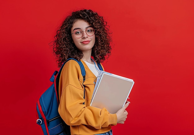 Photo portrait of young smiling female college school student holding books with backpack