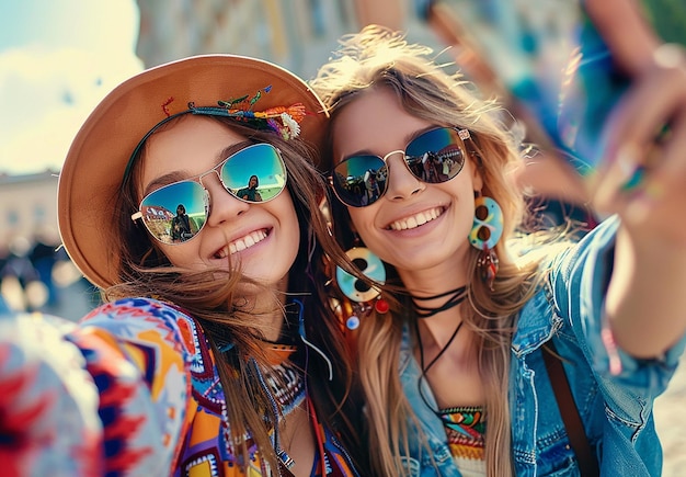 Photo portrait of young teenage happy female girls group of friends