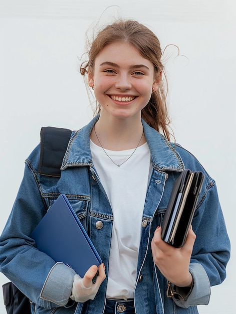 Photo photo portrait of a young teenage student girl smiling holding books