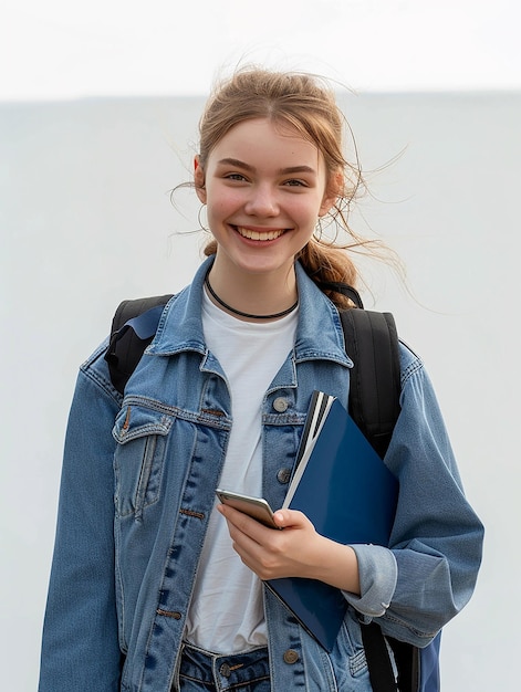 Photo photo portrait of a young teenage student girl smiling holding books