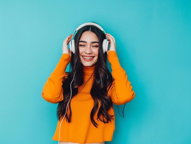 Photo portrait of young woman girl wearing headphone and listening to the music