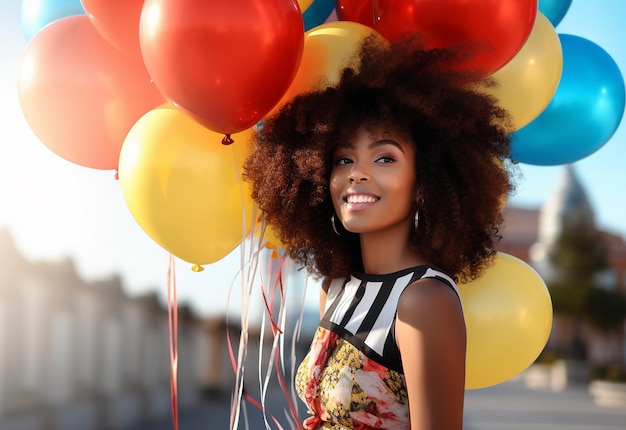 Photo Portrait of young woman holding many balloons with cute smile