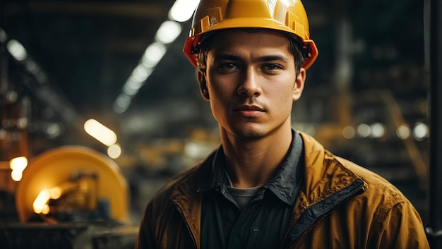 photo portrait of a young worker in a hard hat at a large metalworking plant