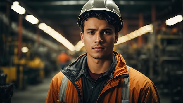 photo portrait of a young worker in a hard hat at a large metalworking plant