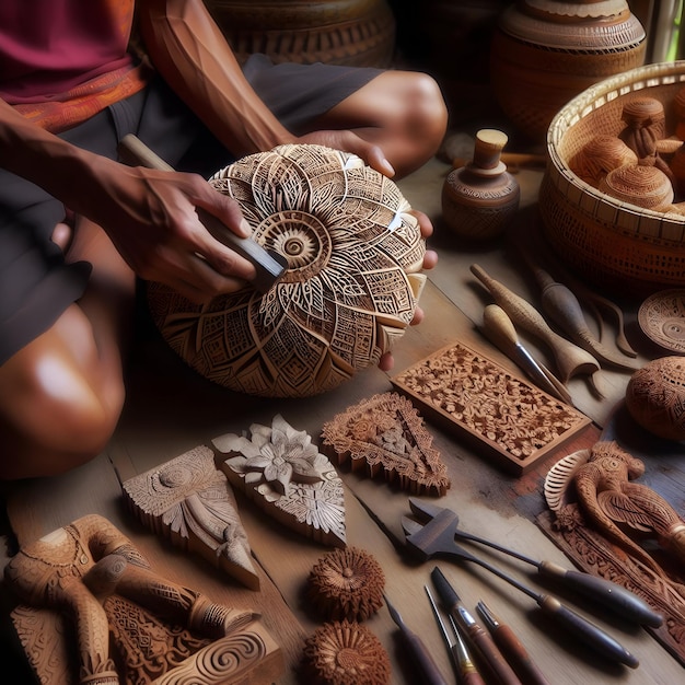 Photo a photo portrays skilled artisans crafting intricate traditional handicrafts such as coconut shell c